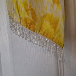 Yellow Floral Scarf with Beaded Fringe